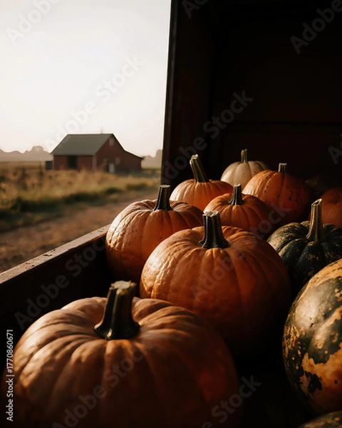 Fototapeta Harvesting pumpkins in a rustic farm setting during sunset