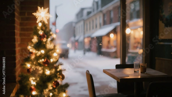 Fototapeta Christmas tree adorned with lights in cozy cafe during snowfall