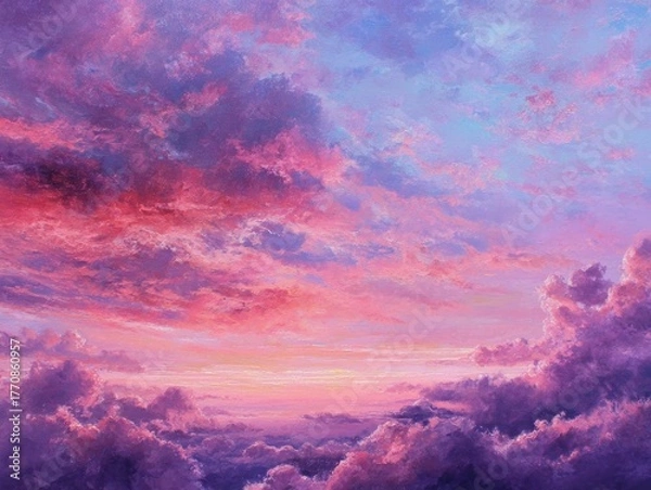 Fototapeta Vibrant dreamlike pastel purple and pink sunset clouds panoramic view, vast fluffy cotton candy sky scene, abstract cloudscape painted, serene horizon atmosphere, evening sky scenic beauty