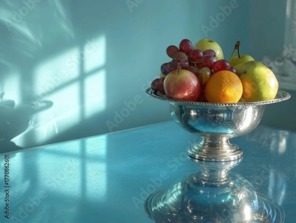 Fototapeta Still life, mixed fresh fruit in silver pedestal bowl, red apples, oranges, grapes, light green background, window shadow reflections