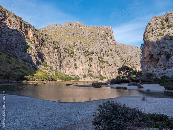 Obraz Sa Calobra beach Mallorca, serene canyon with a calm lake surrounded by rugged cliffs, featuring sparse greenery and a solitary tree, Majorca