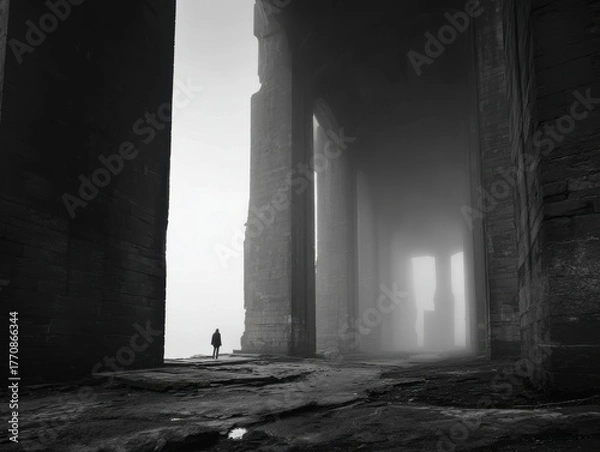 Fototapeta Monochrome Interior Solitary Figure Standing Within Enormous Pillars Foggy Distant Archways Imposing Architectural Space