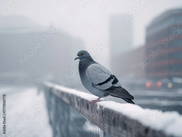 Fototapeta Urban Pigeon on Snowy Railing Cityscape Background Winter Day Animal in Cold Weather