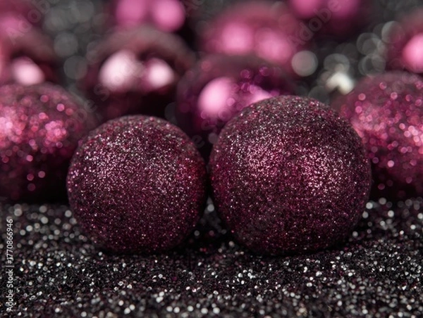 Fototapeta Glittery magenta ornaments on a sparkling dark background close-up. Shiny festive decorations for celebration with blurred backdrop. Abstract holiday shimmer