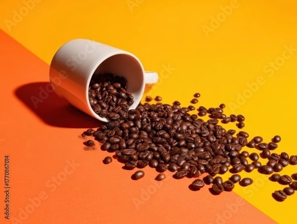 Fototapeta Roasted coffee beans spilling from a white cup onto a vibrant diagonal orange and yellow background. Fresh aromatic espresso ingredients scattered