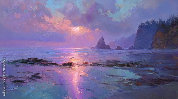 Fototapeta Dusk, Sunset sky clouds over sea in the evening on twilight with Blue, Purple, Pink and Orange sunlight, Horizon sea sky landscape backgrounds in Summer