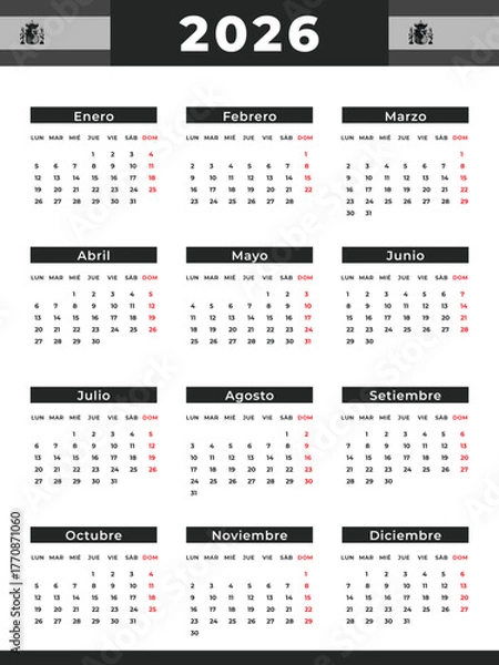Fototapeta Spanish Calendar Template for 2026 Year with Monday Start