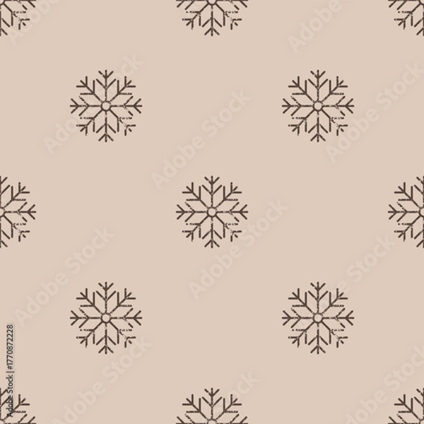 Obraz Seamless Christmas pattern. Grunge grainy snowflake texture. Festive endless vintage print. New Years flat vector. For textile, wallpaper, wrapping design. Dark snowflakes on beige background.