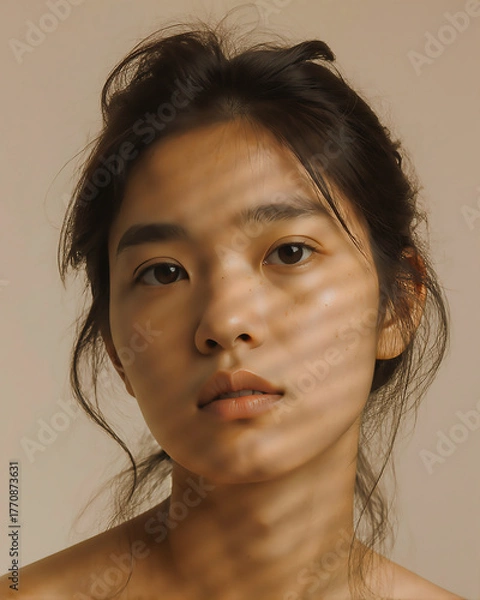 Fototapeta Captivating portrait of a young woman with soft lighting effects