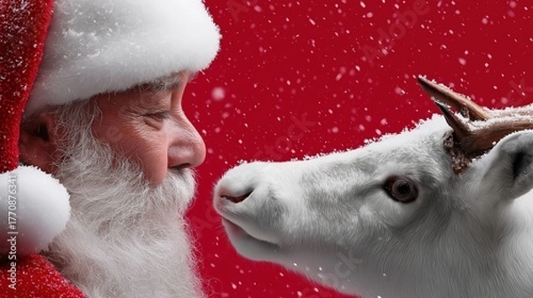 Fototapeta Santa claus with reindeer in snowy red scene