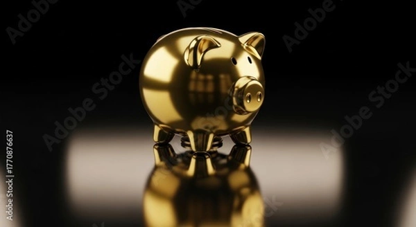 Obraz Shiny golden piggy bank sits on a reflective dark surface.