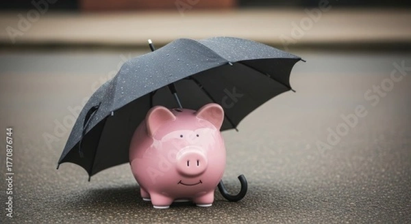 Obraz Pink piggy bank sheltered by black umbrella on wet ground.