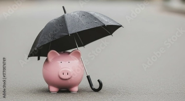 Obraz Pink piggy bank protected by black umbrella on wet ground.