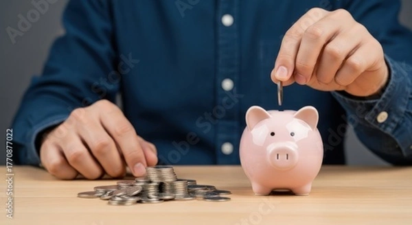 Fototapeta Person putting coin into pink piggy bank next to stacked coins.