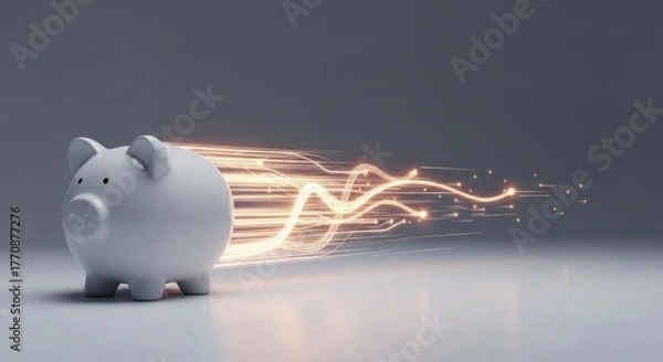 Fototapeta White piggy bank with glowing light trails moving rapidly away