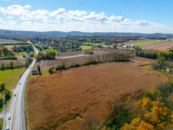 Fototapeta A traffic intersection with a gas station and other retail stores. Aerial drone view. 