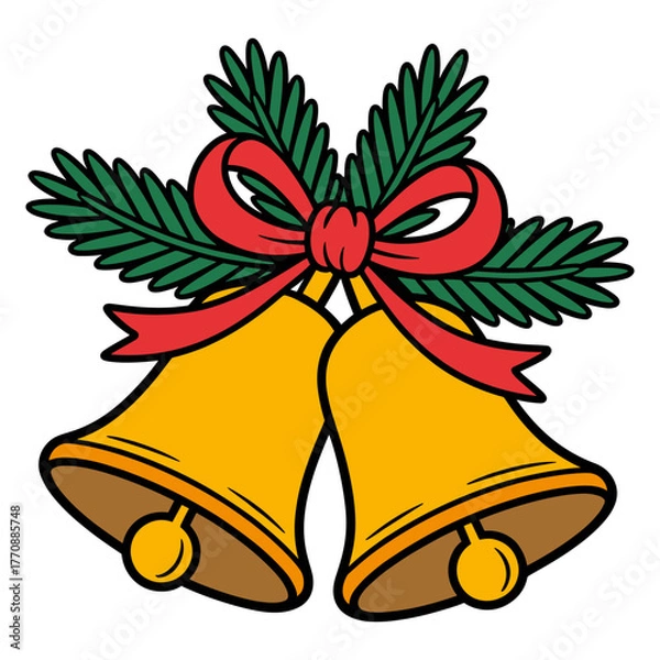 Fototapeta Two golden bells tied with a red ribbon and green pine branches, symbolizing festive Christmas cheer and holiday joy