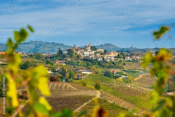 Obraz Picturesque Langhe Countryside with Vineyards and Historic Architecture