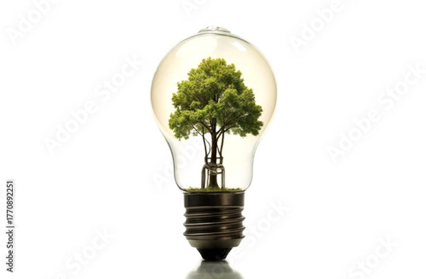 Fototapeta Light bulb holds a miniature green tree symbolizing the harmony between nature and technology in a creative artwork
