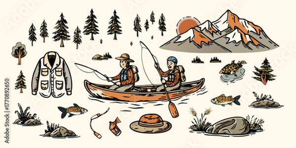 Fototapeta Two people fishing from a canoe surrounded by nature elements and outdoor gear