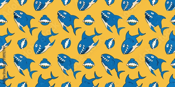Fototapeta Whimsical blue sharks with open mouths and sharp teeth pattern on yellow background