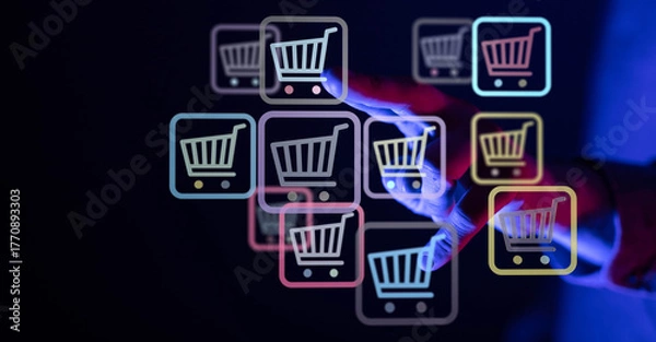 Fototapeta Hand touching shopping cart icons, symbolizing online shopping, e-commerce, digital retail, and modern purchasing experiences. Concept of buying