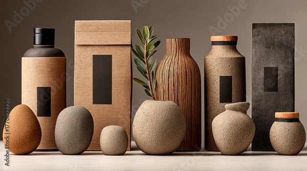 Obraz Cosmetic bottle and packaging mockup with eco textures and minimal design. Natural skincare product scene for branding, organic cosmetics, or sustainable beauty label presentation.