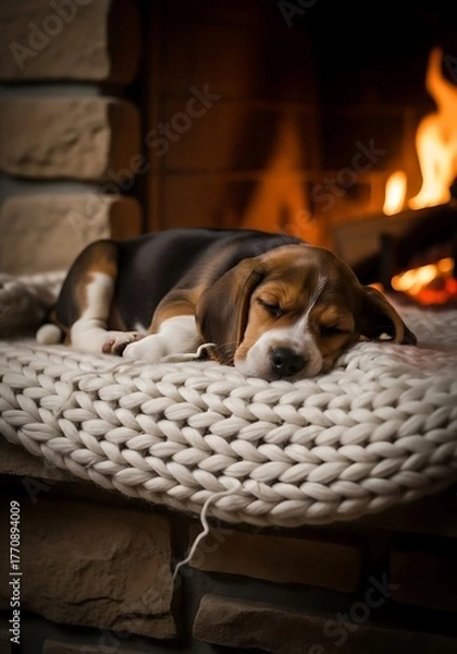 Obraz Cozy Beagle Puppy Sleeping Peacefully by the Fireplace: Perfect for Home, Lifestyle and Pet-Related Content.