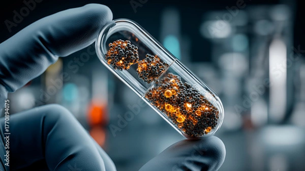 Obraz Transparent capsule held by gloved hand, showcasing vibrant orange and black particles inside, with laboratory equipment blurred in the background, symbolizing scientific research and innovation