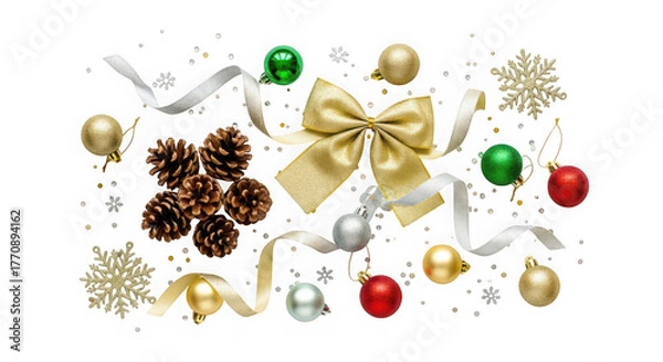 Fototapeta Christmas decorations pine cones ornaments bows ribbons baubles snowflakes festive elements isolated on transparent background