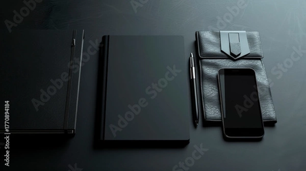 Obraz Black notebooks, a sleek smartphone, and a stylish pen arranged on a dark surface, creating a modern workspace aesthetic with minimalistic design elements