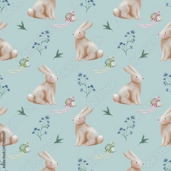 Fototapeta Pastel watercolor Seamless Easter Bunny Pattern with Spring Flowers Illustration on mint color background 