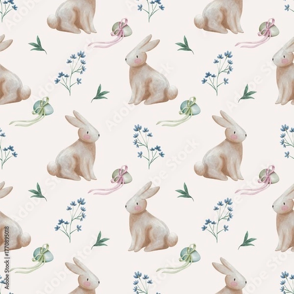Fototapeta Pastel watercolor Seamless Easter Bunny Pattern with Spring Flowers Illustration on pink background 