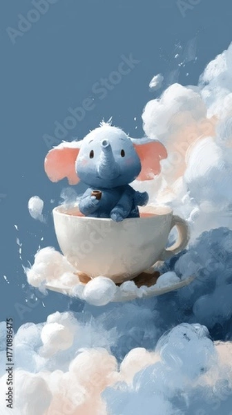 Fototapeta A whimsical image of a baby elephant inside a teacup floating in the clouds