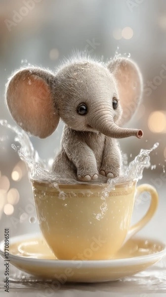 Fototapeta A charming baby elephant enjoying a bath in a teacup. The little elephant is adorable and the scene is playful. 