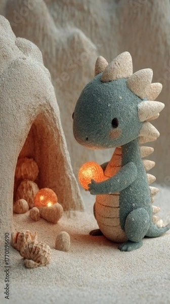 Fototapeta A Cute Dinosaur Holding a Glowing Orb in a Desert Setting