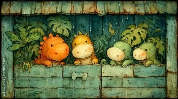 Obraz Five adorable cartoon dinosaurs looking through the fence 