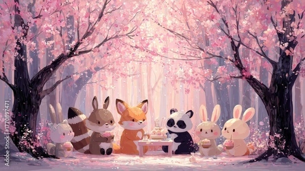 Fototapeta A cute group of animals enjoying a tea party under blooming cherry trees in a forest. The scene evokes feelings of spring and tranquility