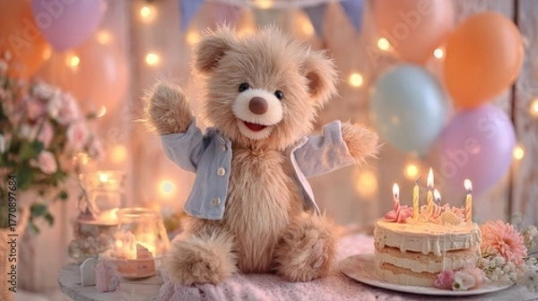 Fototapeta A charming teddy bear celebrating a special day with a cake and balloons. The bear is dressed in a jacket, and the scene is filled with birthday decorations