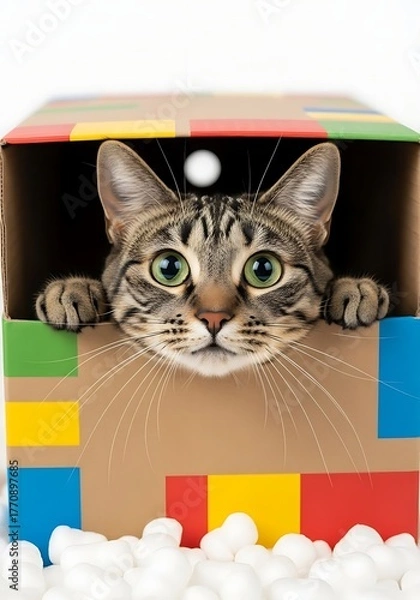 Fototapeta Curious Cat Peeking from Colorful Box Ready to Deliver Joy and Surprise for your Brand's Campaign