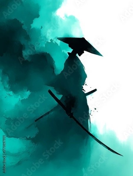 Fototapeta A silhouette of a warrior holding a katana, against a background of artistic, blurred clouds. It gives a mysterious and epic impression. The dark tones and dramatic lighting enhance the atmosphere