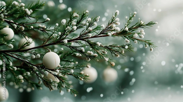 Obraz Evergreen branch adorned with white ornaments, surrounded by softly falling snowflakes, creating a serene winter atmosphere, perfect for holiday-themed visuals and seasonal celebrations