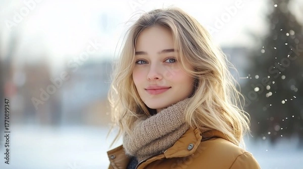 Fototapeta An elegant woman in beige coat enjoys a calm snowy day, surrounded by white winter scenery. 