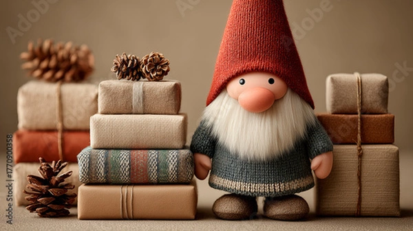 Obraz Charming gnome figurine with a red hat stands beside beautifully wrapped gifts and pine cones, creating a cozy holiday atmosphere filled with warmth and festive spirit
