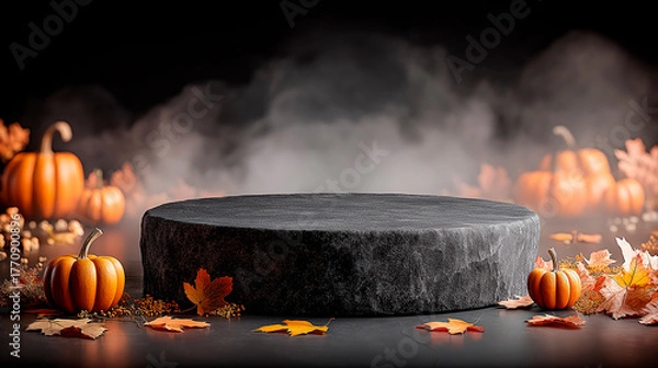 Obraz Round black stone pedestal surrounded by autumn leaves and pumpkins, with a misty background creating a seasonal atmosphere for display or decoration purposes