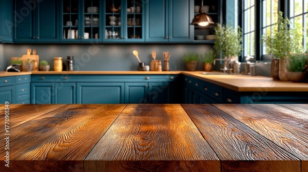 Obraz Rustic wooden countertop in a modern kitchen featuring blue cabinetry, large windows, and vibrant greenery, creating a warm and inviting culinary atmosphere