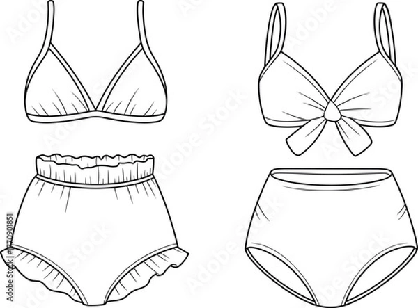 Obraz Lingerie and Sleepwear Technical Flat Sketch Vector Set, Featuring Bralettes and High-Waisted Panties with Ruffles and Bows, CAD Drawing Flat Vector Illustration