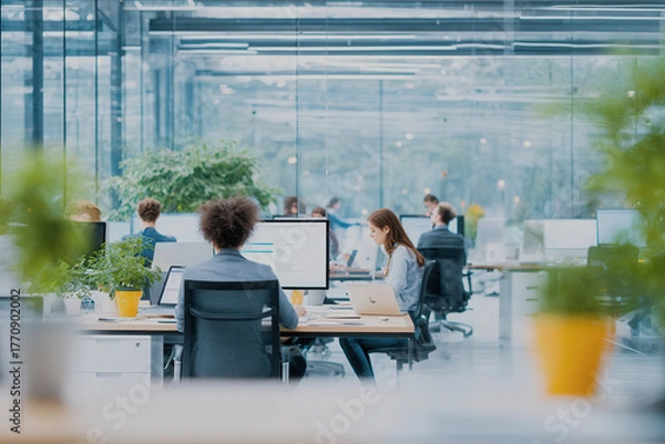 Fototapeta Modern open office with employees working in a bright and natural workspace