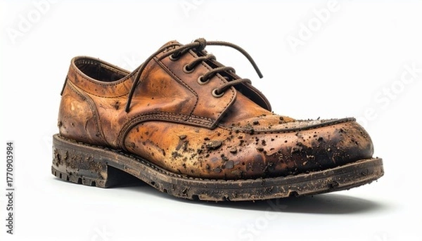 Fototapeta A shoe covered in mud, with white background
