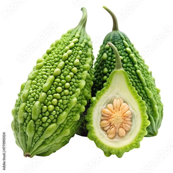 Fototapeta Three Green Bitter Melons One Cut in Half Showing Seeds and Pulp gourd vegetable isolated on a transparent background